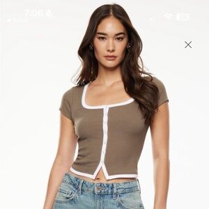 Dynamite Brown and White Button-Up Top